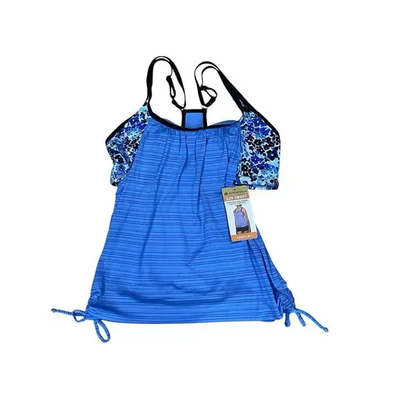 NWT-ZeroXposure 2 in 1 ruched Athletic Blue Floral Built In Bra Tank Top Size M - Picture 2 of 6